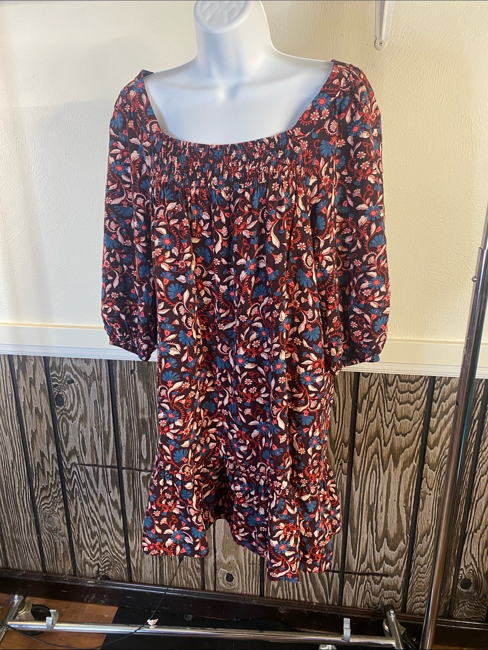 MELLODAY Navy Multi Floral Smocked Square-Neck Tunic